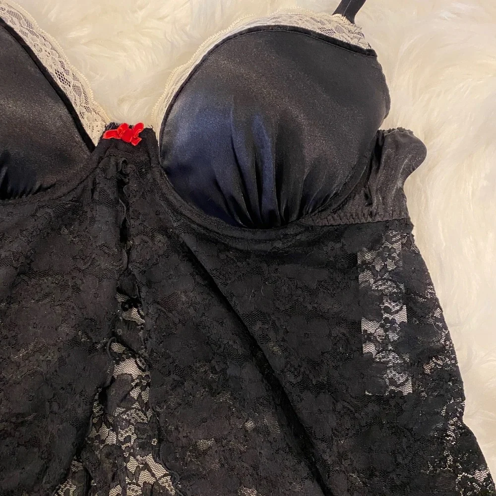 Black w/ Cream Trim Lace Babydoll Lingerie Set with Red Bow